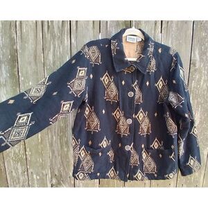 Chico's Design size 1 (M) jacket black cotton rayon art to wear jacquard tribal